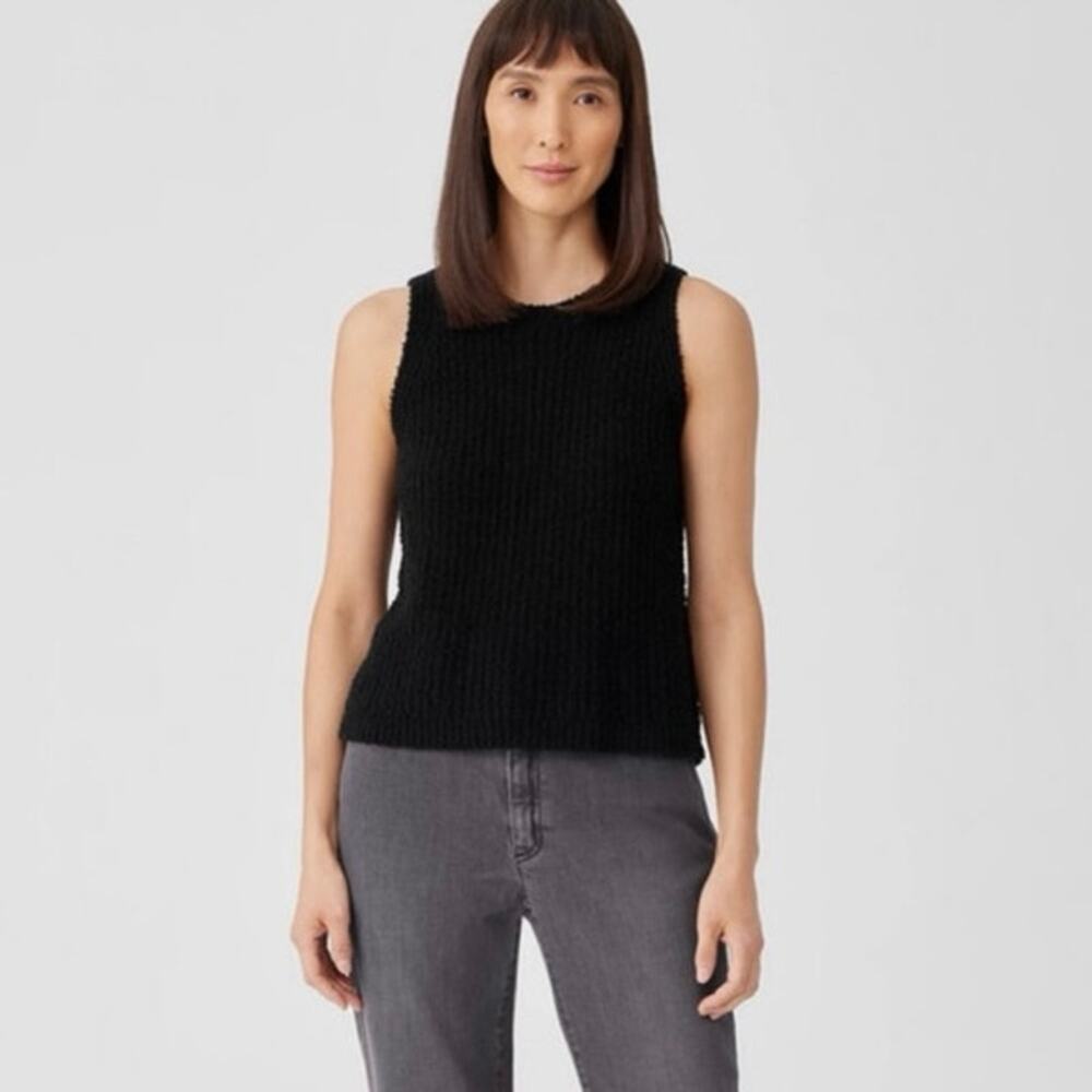 NWOT Eileen Fisher Cotton Fluff Crew Neck Top in Black SZ M